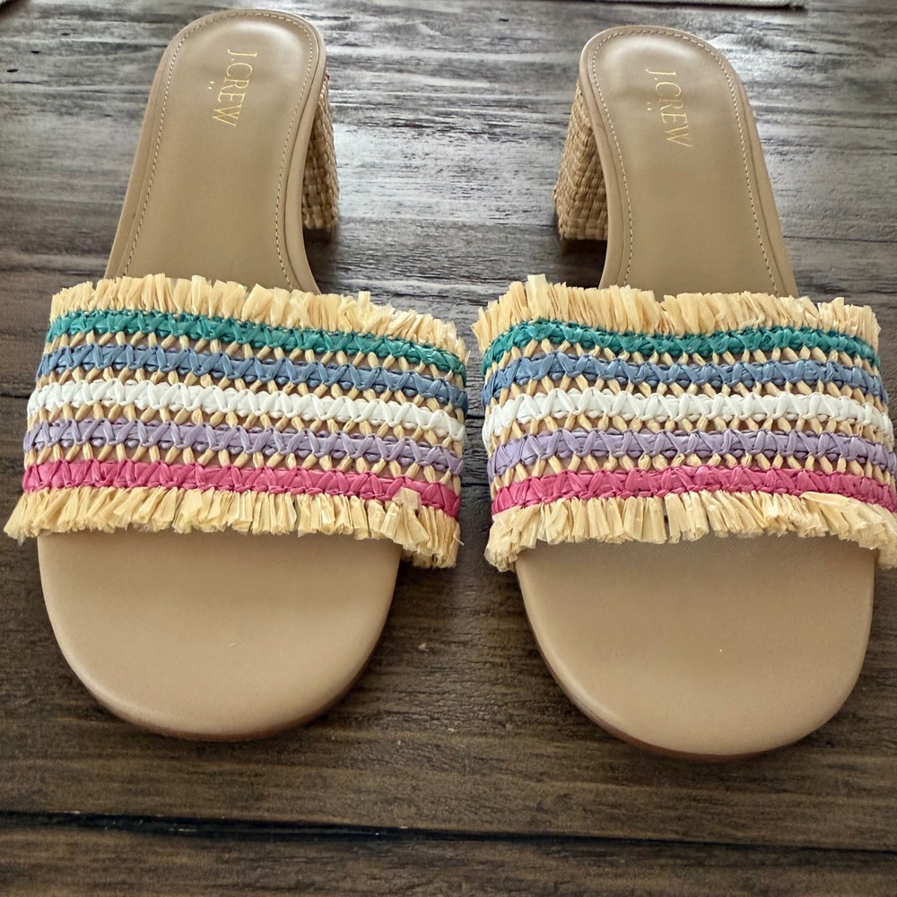 J.Crew Multi Color Raffia‎ Fringe Block Heel Mule Sandals BW886 Womens 8 Spring - Picture 2 of 9